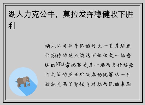 湖人力克公牛，莫拉发挥稳健收下胜利