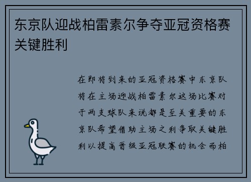 东京队迎战柏雷素尔争夺亚冠资格赛关键胜利