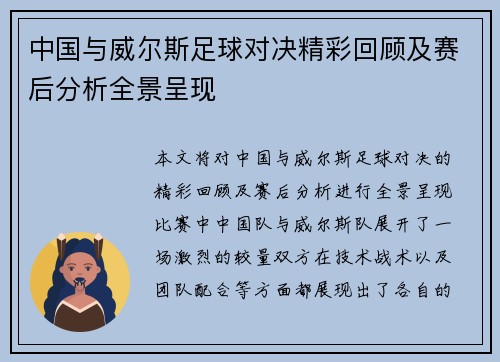 中国与威尔斯足球对决精彩回顾及赛后分析全景呈现